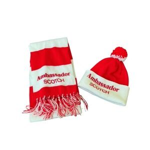 Vintage Ambassador Scotch Knit Hat & Scarf Set Red‎ White Pom Pom USA Made